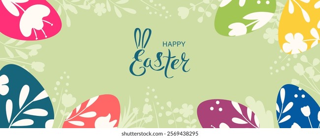 Happy Easter background with eggs and flowers. Cute decoration for banner, card, poster. Vector illustration.
