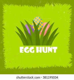 Happy Easter Background with eggs in grass. Vector Illustration. Spring Holiday Concept with place for text. Easter template design, greeting card.
