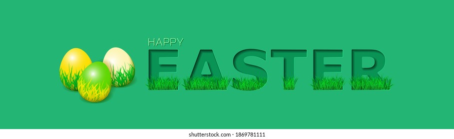 Happy Easter Background. Easter Eggs and green grass in cut out paper style. Vector illustration EPS10