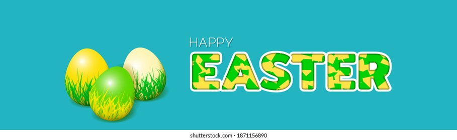 Happy Easter Background. Easter Eggs and green grass in cut out paper style. Vector illustration EPS10
