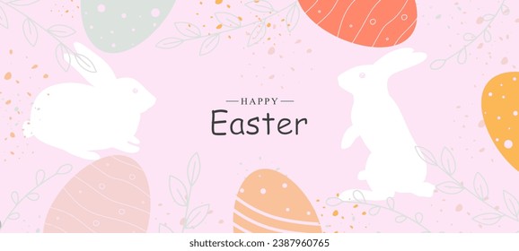 Happy Easter background with easter eggs, leaves and rabbits or bunny. Easter banner or poster in pastel colors with space for text. Minimal design in light colors. Vector illustration