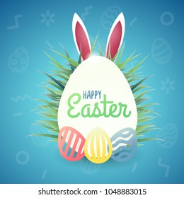 Happy Easter Background with eggs, rabbit ears, grass and trendy pattern