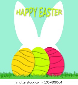 Happy Easter background with eggs and rabbit. Easter eggs and cute bunny in green grass. Festive decoration. 3D vector, paper cut style