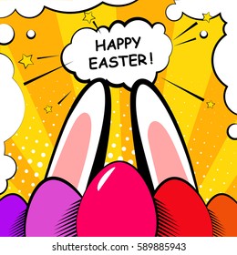 Happy Easter background with eggs and rabbit ears. Comics style. Vector.