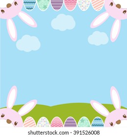 Happy easter background with eggs, rabbits and landscape, vector illustration