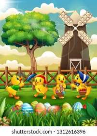 Happy Easter background farm with a bunch cute duckling