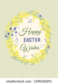 Happy Easter background with floral wreath. Spring, wedding, shower greeting card and invitation. Colorful hand drawn vector illustration. Cute spring flowers and pastel dots or stripes.