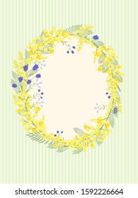 Happy Easter background with floral wreath. Spring, wedding, shower greeting card and invitation. Colorful hand drawn vector illustration. Cute spring flowers and pastel dots or stripes.