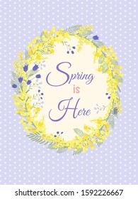 Happy Easter background with floral wreath. Spring, wedding, shower greeting card and invitation. Colorful hand drawn vector illustration. Cute spring flowers and pastel dots or stripes.