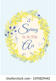 Happy Easter background with floral wreath. Spring, wedding, shower greeting card and invitation. Colorful hand drawn vector illustration. Cute spring flowers and pastel dots or stripes.