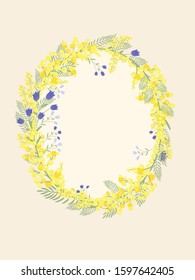 Happy Easter background with floral wreath. Spring, wedding, shower greeting card and invitation. Colorful hand drawn vector illustration. Cute spring flowers and pastel dots or stripes.
