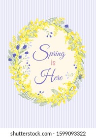 Happy Easter background with floral wreath. Spring, wedding, shower greeting card and invitation. Colorful hand drawn vector illustration. Cute spring flowers and pastel dots or stripes.