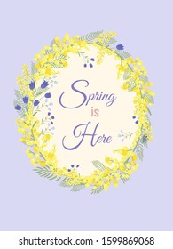 Happy Easter background with floral wreath. Spring, wedding, shower greeting card and invitation. Colorful hand drawn vector illustration. Cute spring flowers and pastel dots or stripes.
