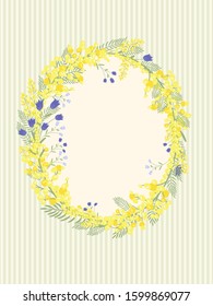 Happy Easter background with floral wreath. Spring, wedding, shower greeting card and invitation. Colorful hand drawn vector illustration. Cute spring flowers and pastel dots or stripes.