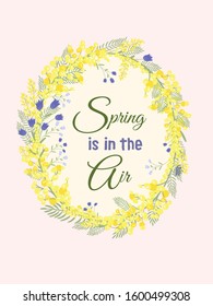 Happy Easter background with floral wreath. Spring, wedding, shower greeting card and invitation. Colorful hand drawn vector illustration. Cute spring flowers and pastel dots or stripes.