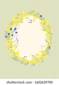 Happy Easter background with floral wreath. Spring, wedding, shower greeting card and invitation. Colorful hand drawn vector illustration. Cute spring flowers and pastel dots or stripes.