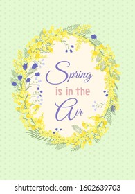 Happy Easter background with floral wreath. Spring, wedding, shower greeting card and invitation. Colorful hand drawn vector illustration. Cute spring flowers and pastel dots or stripes.