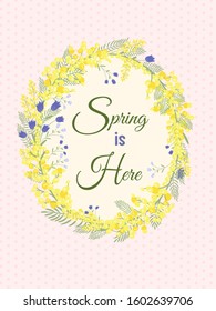 Happy Easter background with floral wreath. Spring, wedding, shower greeting card and invitation. Colorful hand drawn vector illustration. Cute spring flowers and pastel dots or stripes.