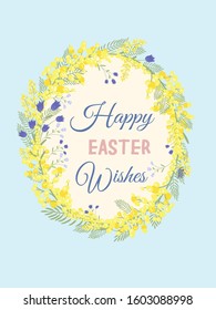 Happy Easter background with floral wreath. Spring, wedding, shower greeting card and invitation. Colorful hand drawn vector illustration. Cute spring flowers and pastel dots or stripes.