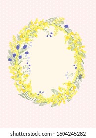 Happy Easter background with floral wreath. Spring, wedding, shower greeting card and invitation. Colorful hand drawn vector illustration. Cute spring flowers and pastel dots or stripes.