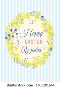 Happy Easter background with floral wreath. Spring, wedding, shower greeting card and invitation. Colorful hand drawn vector illustration. Cute spring flowers and pastel dots or stripes.