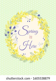 Happy Easter background with floral wreath. Spring, wedding, shower greeting card and invitation. Colorful hand drawn vector illustration. Cute spring flowers and pastel dots or stripes.
