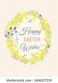 Happy Easter background with floral wreath. Spring, wedding, shower greeting card and invitation. Colorful hand drawn vector illustration. Cute spring flowers and pastel dots or stripes.