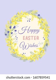 Happy Easter background with floral wreath. Spring, wedding, shower greeting card and invitation. Colorful hand drawn vector illustration. Cute spring flowers and pastel dots or stripes.