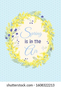Happy Easter background with floral wreath. Spring, wedding, shower greeting card and invitation. Colorful hand drawn vector illustration. Cute spring flowers and pastel dots or stripes.