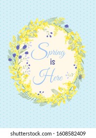 Happy Easter background with floral wreath. Spring, wedding, shower greeting card and invitation. Colorful hand drawn vector illustration. Cute spring flowers and pastel dots or stripes.
