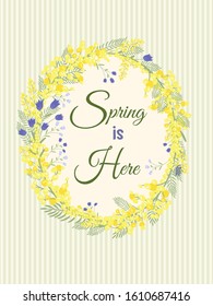 Happy Easter background with floral wreath. Spring, wedding, shower greeting card and invitation. Colorful hand drawn vector illustration. Cute spring flowers and pastel dots or stripes.