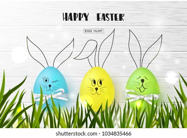Happy Easter background with funny colorful eggs and grass on wooden texture. Egg hunt. Vector illustration. Design layout for invitation, card, banner, poster, voucher.