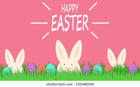 Happy Easter background with funny white rabbit and easter eggs. Easter cute bunny in green grass. Festive decoration.
