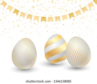 Happy Easter background with gold shine decorated egg. Vector illustration greeting card, ad, promotion, poster, flyer. Joyful wishes, holiday greeting