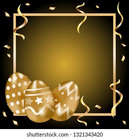 Happy Easter background with golden decorated eggs. Vector illustration greeting card