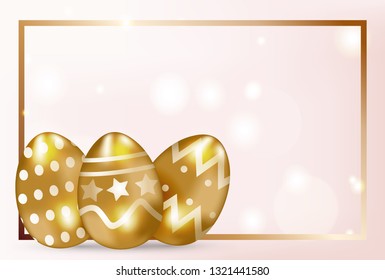 Happy Easter background with golden decorated eggs. Vector illustration greeting card