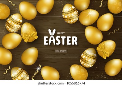 Happy Easter background with Golden eggs and serpentine on wooden texture. Design layout for invitation, card, banner, poster, voucher. Vector illustration.