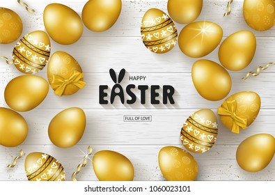 Happy Easter background with Golden eggs and serpentine on wooden texture. Design layout for invitation, card, banner, poster, voucher. Vector illustration.