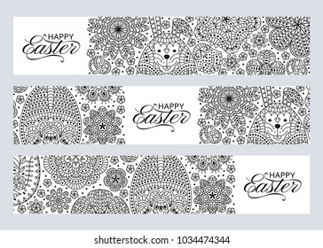 Happy Easter background. Good design template for banner, greeting card, flyer. Ornamental white bunny, eggs and. Vector illustration. 