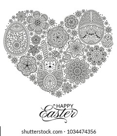 Happy Easter background. Good design template for banner, greeting card, flyer. Ornamental white bunny, eggs and. Vector illustration. 