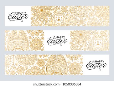 Happy Easter background. Good design template for banner, greeting card, flyer. Ornamental white bunny, eggs and. Vector illustration. 