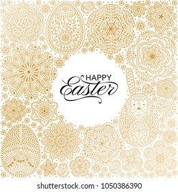 Happy Easter background. Good design template for banner, greeting card, flyer. Ornamental white bunny, eggs and. Vector illustration. 