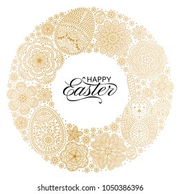 Happy Easter background. Good design template for banner, greeting card, flyer. Ornamental white bunny, eggs and. Vector illustration. 