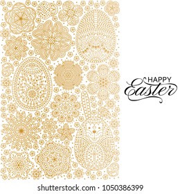 Happy Easter background. Good design template for banner, greeting card, flyer. Ornamental white bunny, eggs and. Vector illustration. 