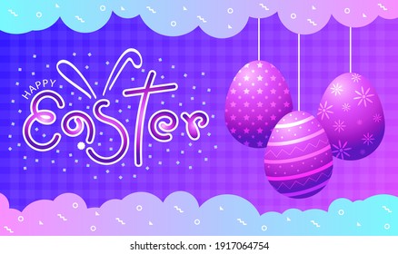 Happy Easter background with gradient pink and blue tone with cute lettering and realistic eggs with modern graphics elements. Vector for celebratory design, greeting card, website banner and poster.