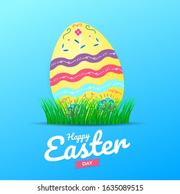 Happy Easter background with grass ande realistic Easter eggs