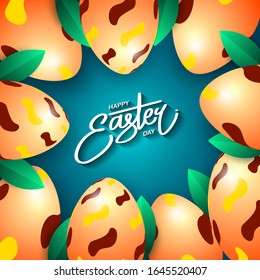 Happy Easter background with grass ande realistic Easter eggs and geometric background