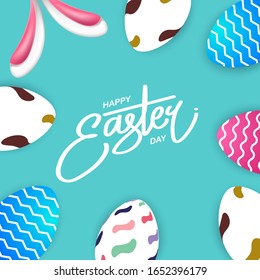 Happy Easter background with grass ande realistic Easter eggs and geometric background