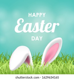 Happy Easter background with grass, and rabbit ears. Vector illustration