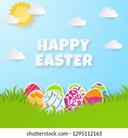 Happy easter background. Greeting Card. Paper cut style. Vector illustration